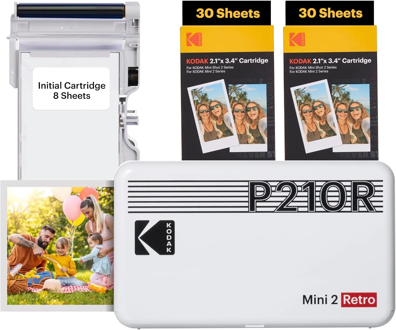 KODAK Mini 2 Retro 4PASS Portable Photo Printer, 2.1x3.4 inches, 68 Sheets Bundle, White