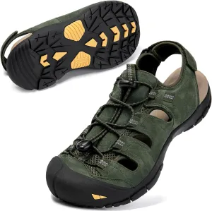 KOIMED Men's Hiking Leather Sandals Closed Toe Water Shoes For Summer Athletic Outdoor Walking Sports Trail River Fishing Wide Adjustable Waterproof Arch Support