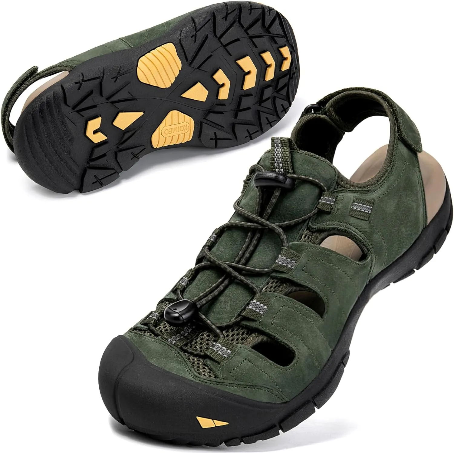 KOIMED Men's Hiking Leather Sandals Closed Toe Water Shoes For Summer Athletic Outdoor Walking Sports Trail River Fishing Wide Adjustable Waterproof Arch Support