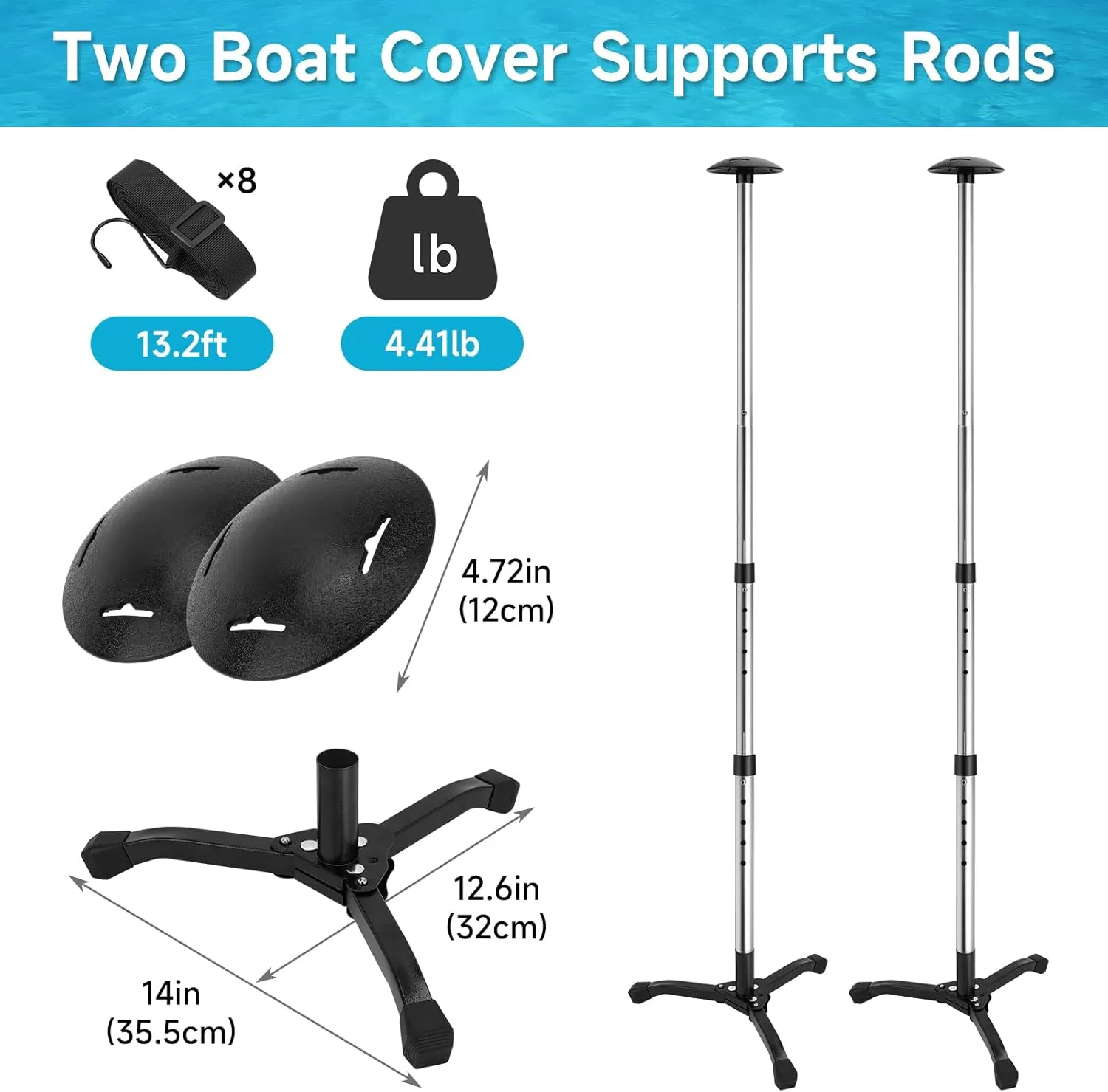 KOMCLUB Telescopic Cover Support Rod 2- Multiple Adjustable Silver Aluminum Support Rod with 8 Ropes and Steel Base, Foldable Marine Canopy Pole, Suitable for Yachts, Fishing Boats (Maximum 53.5 in)