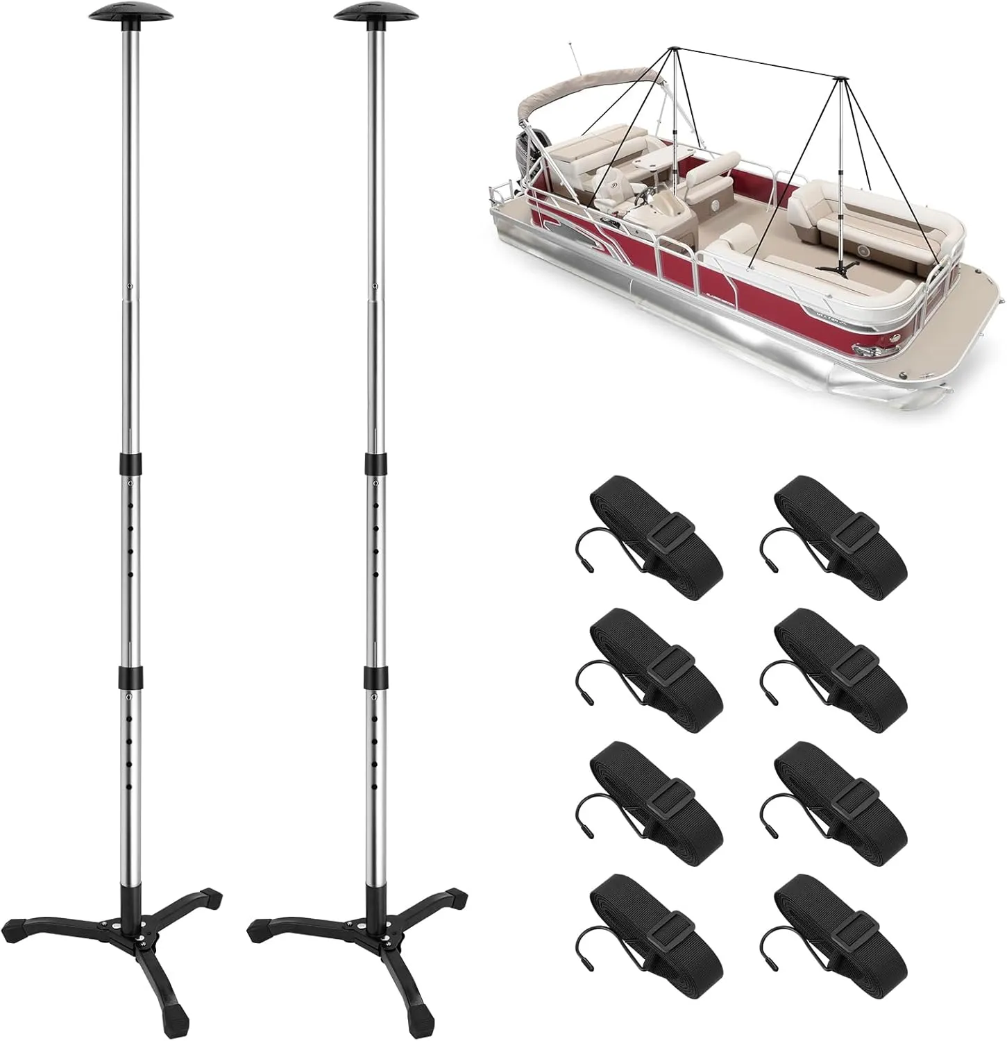 KOMCLUB Telescopic Cover Support Rod 2- Multiple Adjustable Silver Aluminum Support Rod with 8 Ropes and Steel Base, Foldable Marine Canopy Pole, Suitable for Yachts, Fishing Boats (Maximum 53.5 in)
