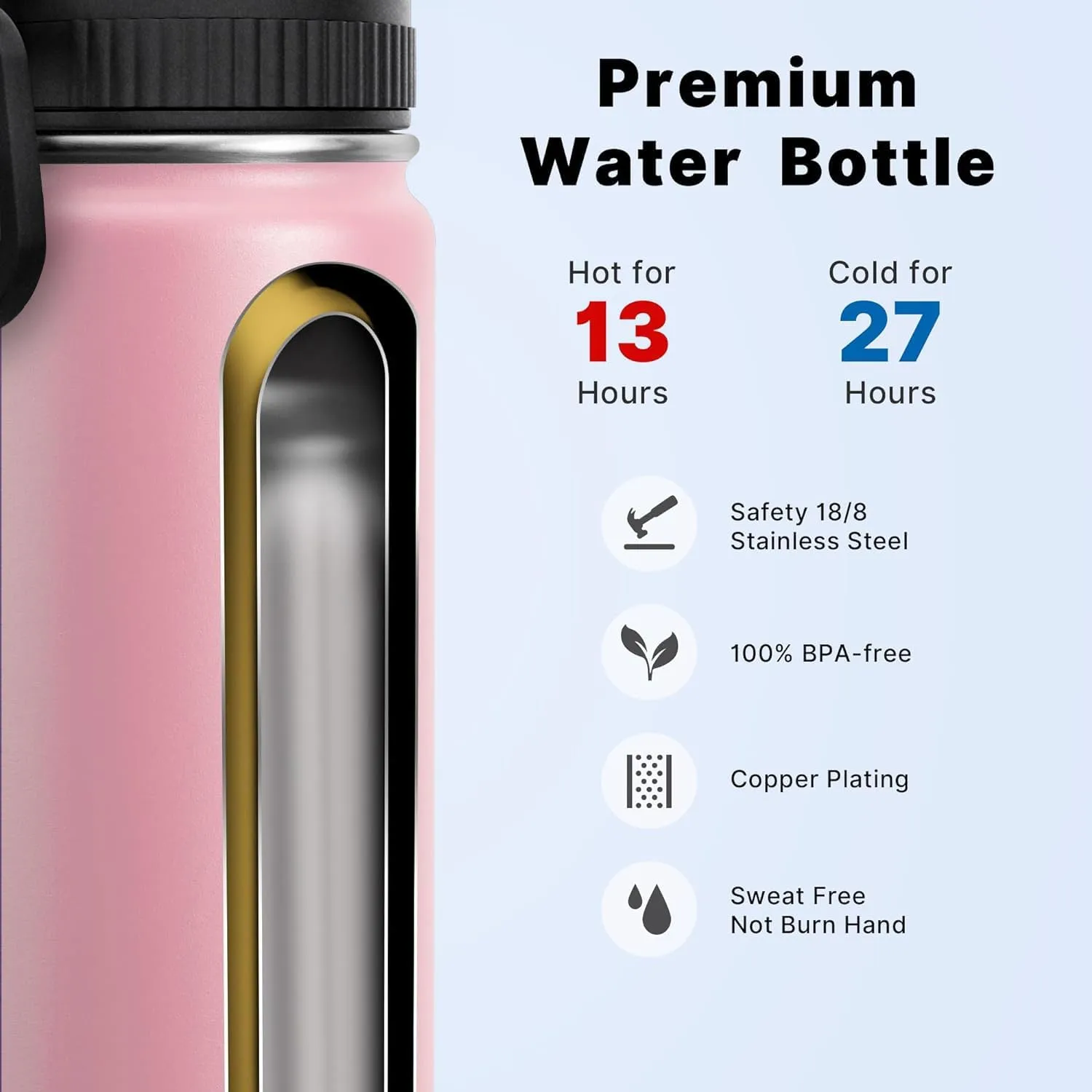 koodee 12 oz Stainless Steel Water Bottle, Double Wall Vacuum Insulated Wide Mouth Flask with Wide Handle Straw Lid (Light Pink)