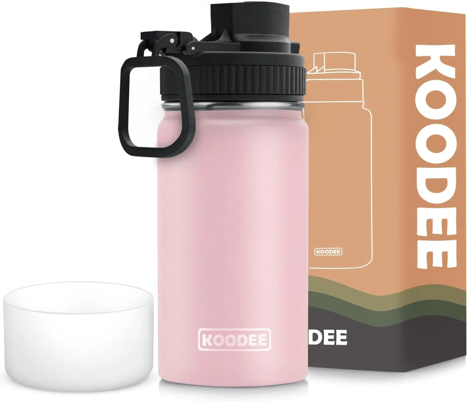 koodee 12 oz Stainless Steel Water Bottle, Double Wall Vacuum Insulated Wide Mouth Flask with Wide Handle Straw Lid (Light Pink)