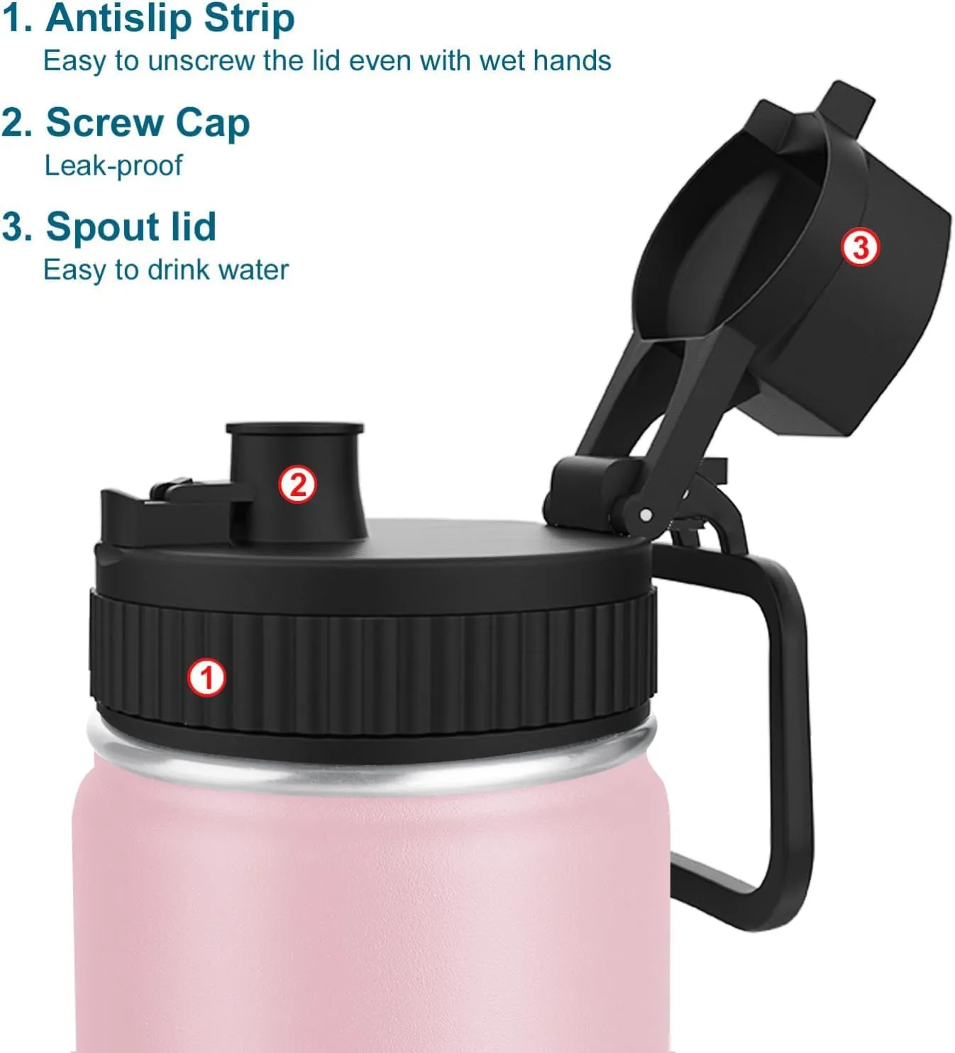 koodee 12 oz Stainless Steel Water Bottle, Double Wall Vacuum Insulated Wide Mouth Flask with Wide Handle Straw Lid (Light Pink)