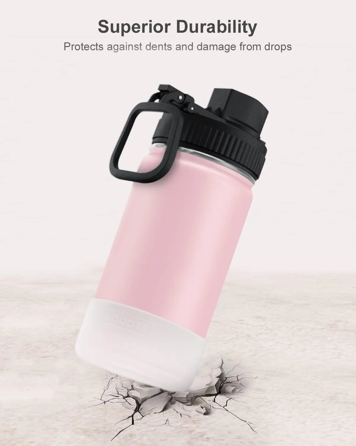 koodee 12 oz Stainless Steel Water Bottle, Double Wall Vacuum Insulated Wide Mouth Flask with Wide Handle Straw Lid (Light Pink)