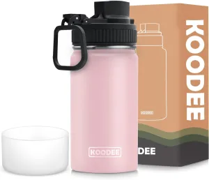 koodee 12 oz Stainless Steel Water Bottle, Double Wall Vacuum Insulated Wide Mouth Flask with Wide Handle Straw Lid (Light Pink)