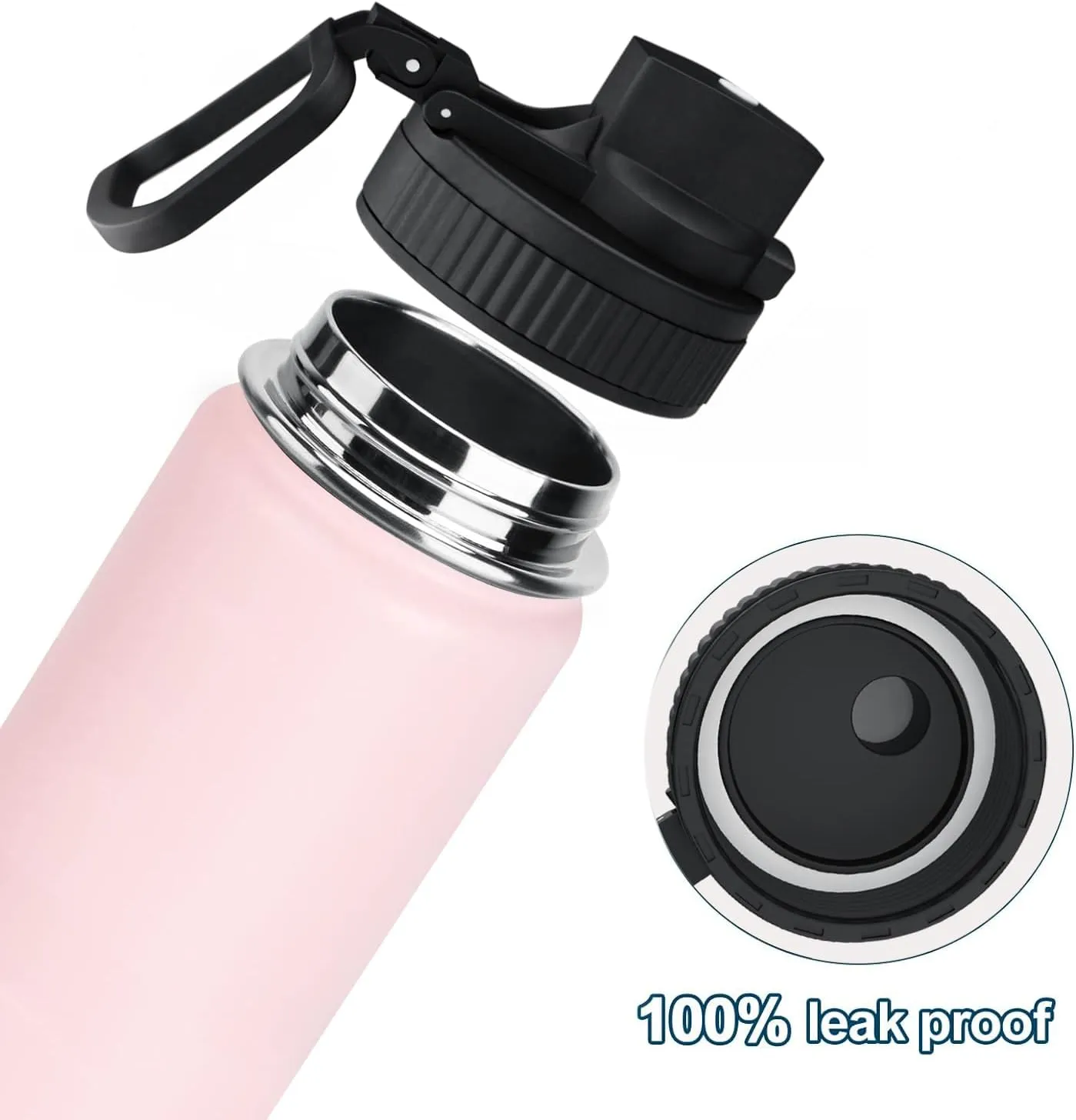 koodee 12 oz Stainless Steel Water Bottle, Double Wall Vacuum Insulated Wide Mouth Flask with Wide Handle Straw Lid (Light Pink)