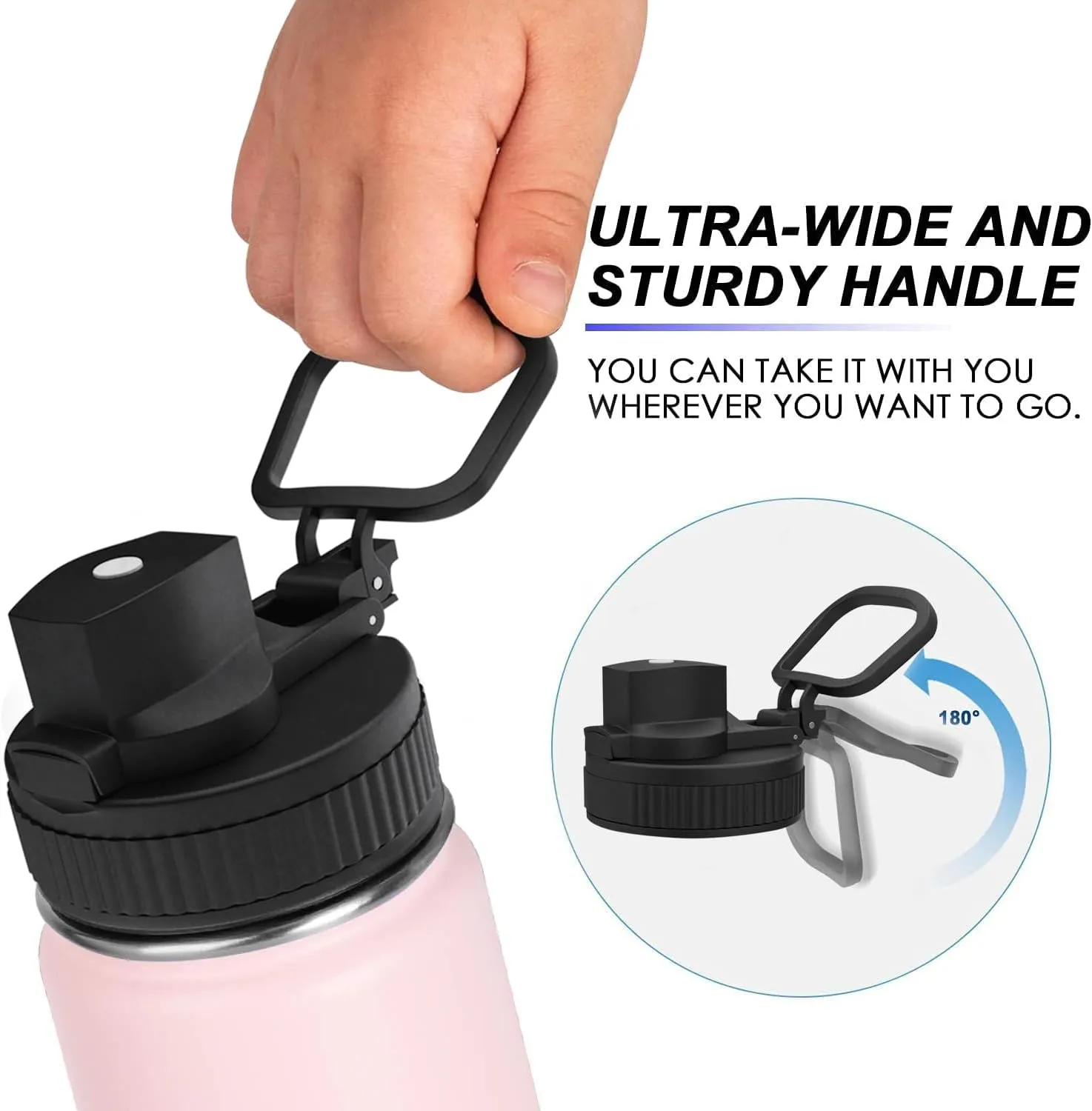 koodee 12 oz Stainless Steel Water Bottle, Double Wall Vacuum Insulated Wide Mouth Flask with Wide Handle Straw Lid (Light Pink)