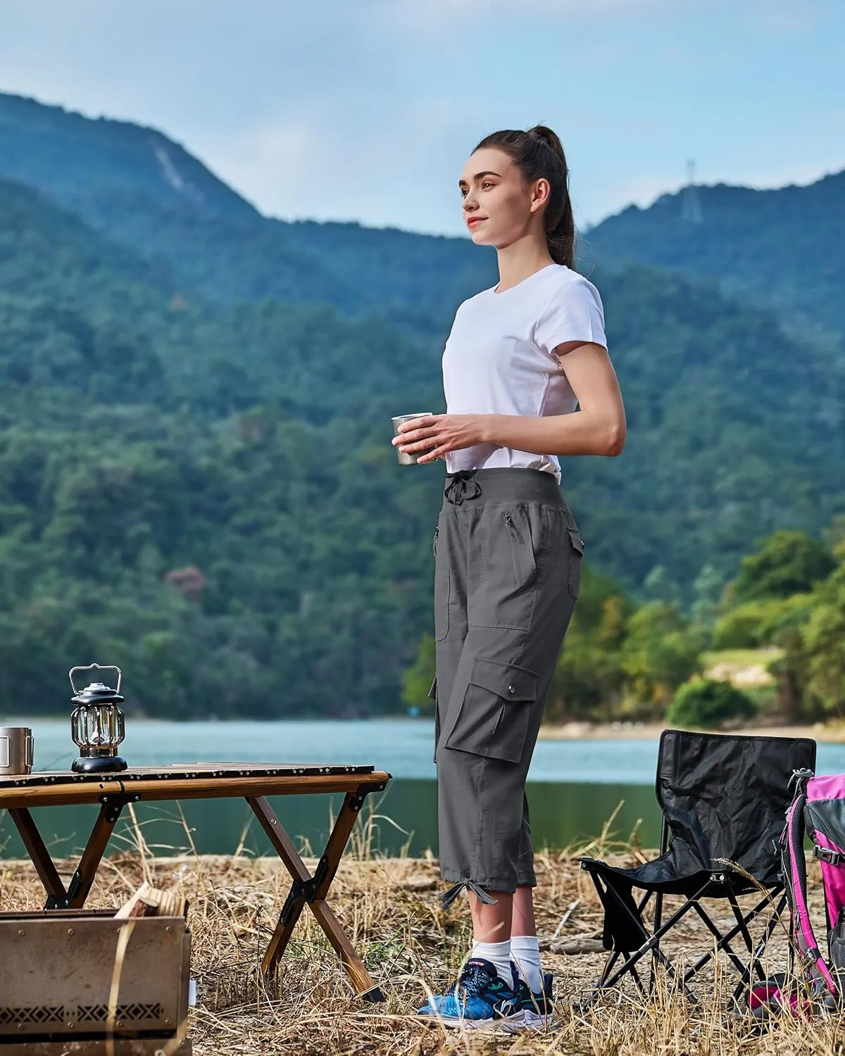 Ksmien Women's Hiking Capris Quick Dry Lightweight Ladies Summer Cargo Pants 8 Pockets for Travel Camping