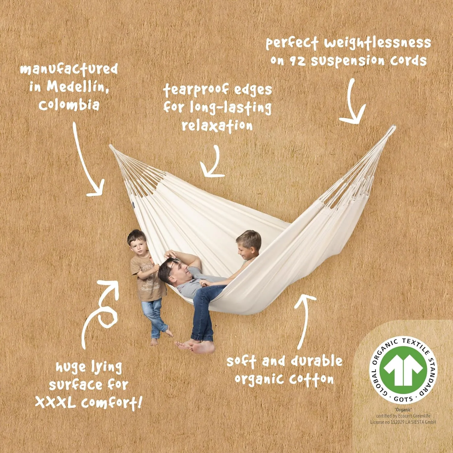 LA SIESTA Modesta Organic Cotton Hammock - Indoor/Outdoor, Bedroom to Backyard, Extra Large Fabric Hammock Bed for 2, Max 440 Lbs, King, Latte