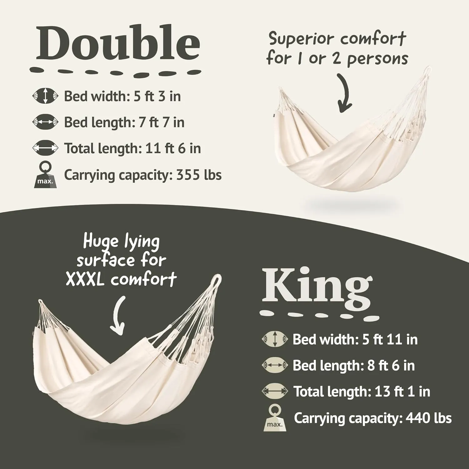 LA SIESTA Modesta Organic Cotton Hammock - Indoor/Outdoor, Bedroom to Backyard, Extra Large Fabric Hammock Bed for 2, Max 440 Lbs, King, Latte