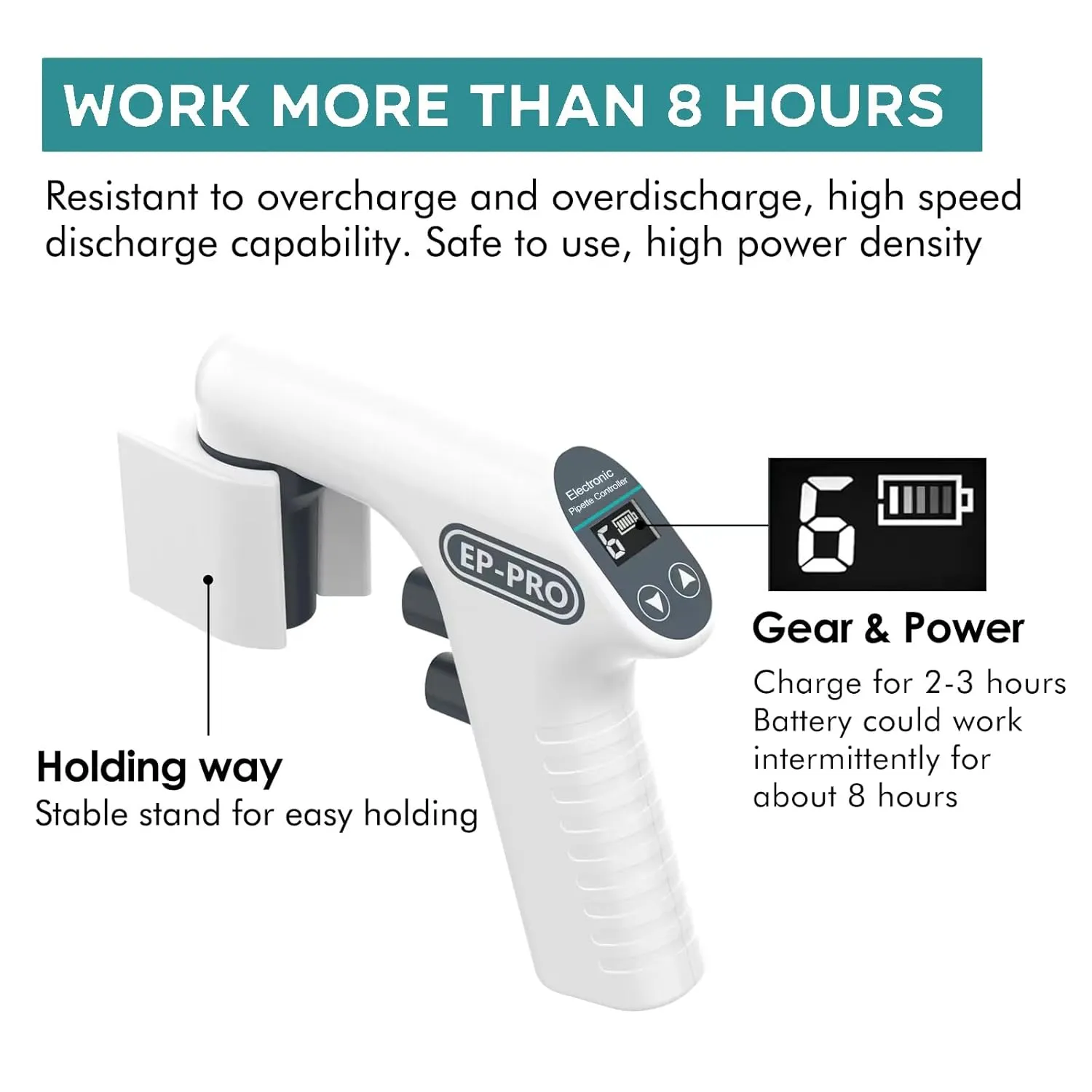 Lab Electronic Pipette Controller EP-PRO Pipettor Aid Pump 0.1-100ml Capacity Range 6 Adjustable Speed Pipette Filler Dual Drainage Modes 8h Rechargeable Battery with Standing Stand
