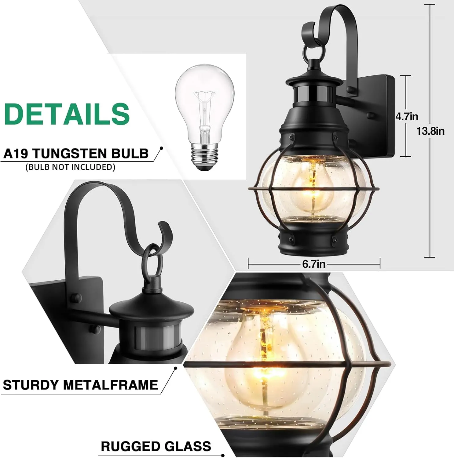 Lamomo Outdoor Wall Light, Motion Sensor Porch Lights Outdoor Wall Light Fixture,Black Dusk to Dawn Exterior Lighting for House Waterproof Anti-Rust Wall Mount Lantern for Outside,Garage(NO Bulb)