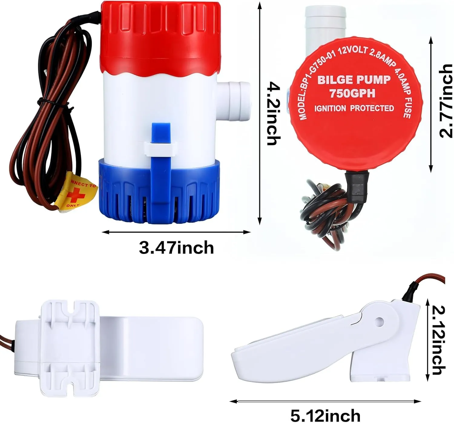 Landhoow Bilge Pump 12V with Float Switch Bilge for Boats DC 12V 24V 32V Portable Marine Electric Boat Water Pump(750 Gph)