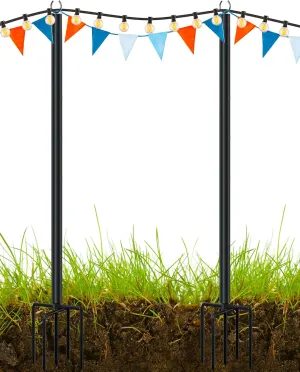 LAND·VOI Metal String Light Poles for Outside Hanging - Backyard, Garden, Patio, 2 Pack Lighting Stand with Adjustable Height for Outdoor Parties, Wedding, Extra-Long 5-Prong Claws, (9.6FT) FLP02B