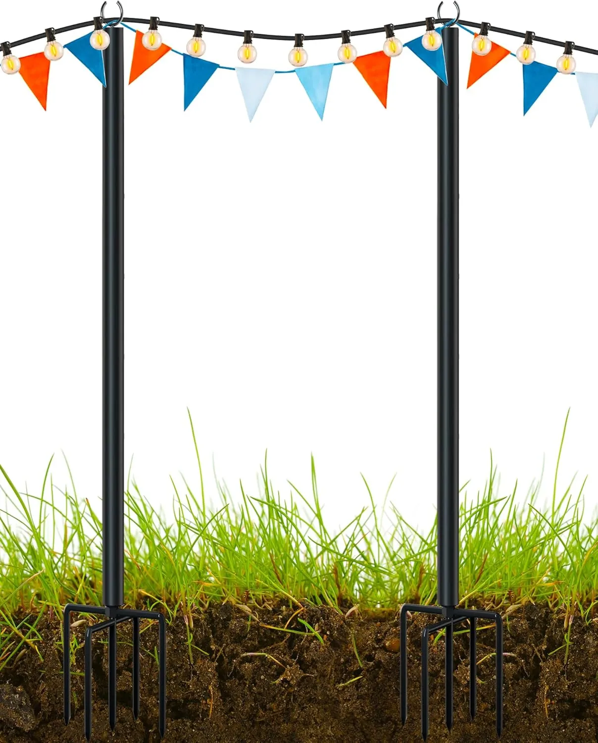 LAND·VOI Metal String Light Poles for Outside Hanging - Backyard, Garden, Patio, 2 Pack Lighting Stand with Adjustable Height for Outdoor Parties, Wedding, Extra-Long 5-Prong Claws, (9.6FT) FLP02B