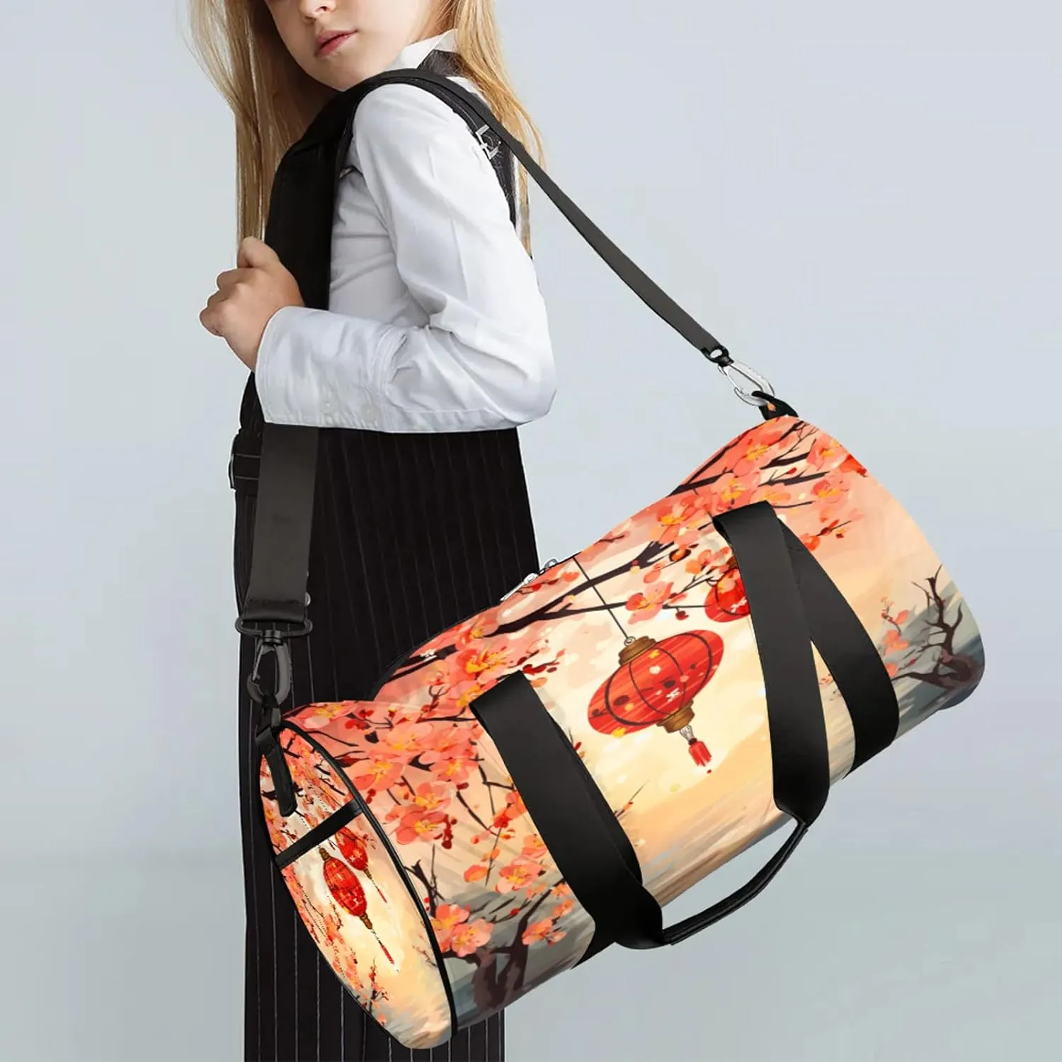 Lantern Cherry Blossoms Pattern Sports Gym Bag for Men Women Lightweight Travel Duffle Bag with Shoulder Strap Waterproof Carry On Weekender Overnight Bag for Travel Sports Gym
