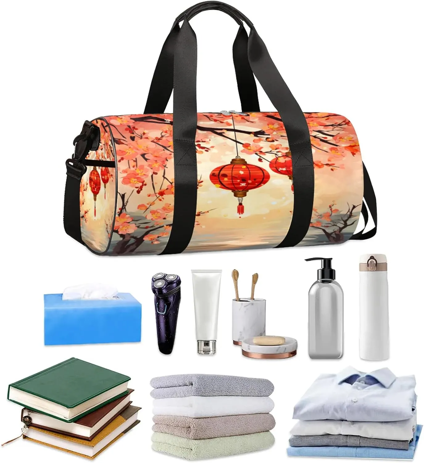 Lantern Cherry Blossoms Pattern Sports Gym Bag for Men Women Lightweight Travel Duffle Bag with Shoulder Strap Waterproof Carry On Weekender Overnight Bag for Travel Sports Gym