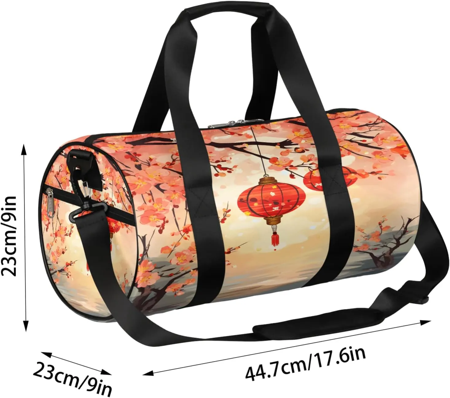 Lantern Cherry Blossoms Pattern Sports Gym Bag for Men Women Lightweight Travel Duffle Bag with Shoulder Strap Waterproof Carry On Weekender Overnight Bag for Travel Sports Gym