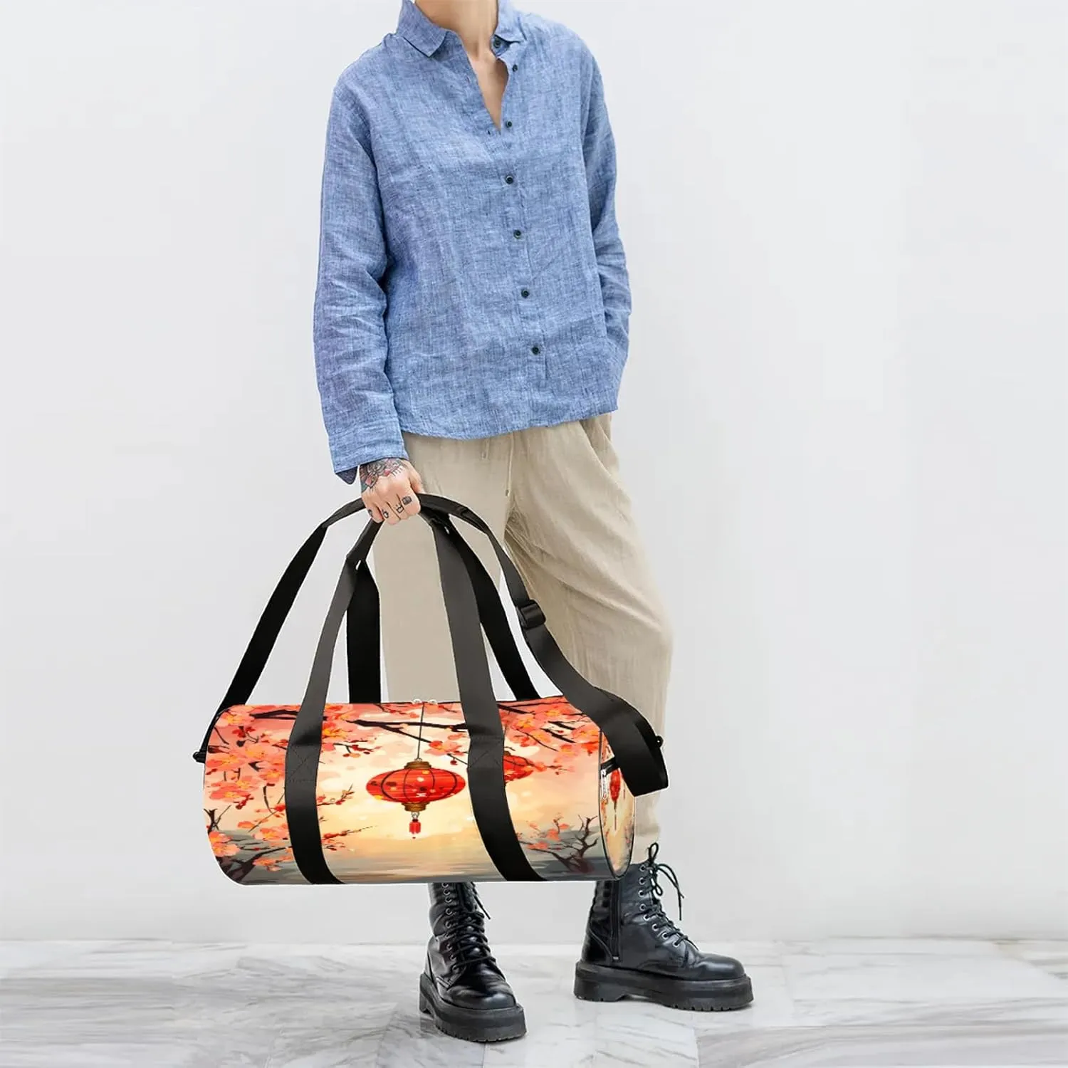 Lantern Cherry Blossoms Pattern Sports Gym Bag for Men Women Lightweight Travel Duffle Bag with Shoulder Strap Waterproof Carry On Weekender Overnight Bag for Travel Sports Gym