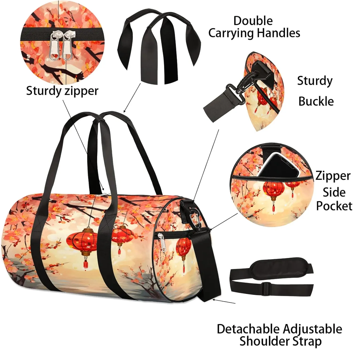 Lantern Cherry Blossoms Pattern Sports Gym Bag for Men Women Lightweight Travel Duffle Bag with Shoulder Strap Waterproof Carry On Weekender Overnight Bag for Travel Sports Gym