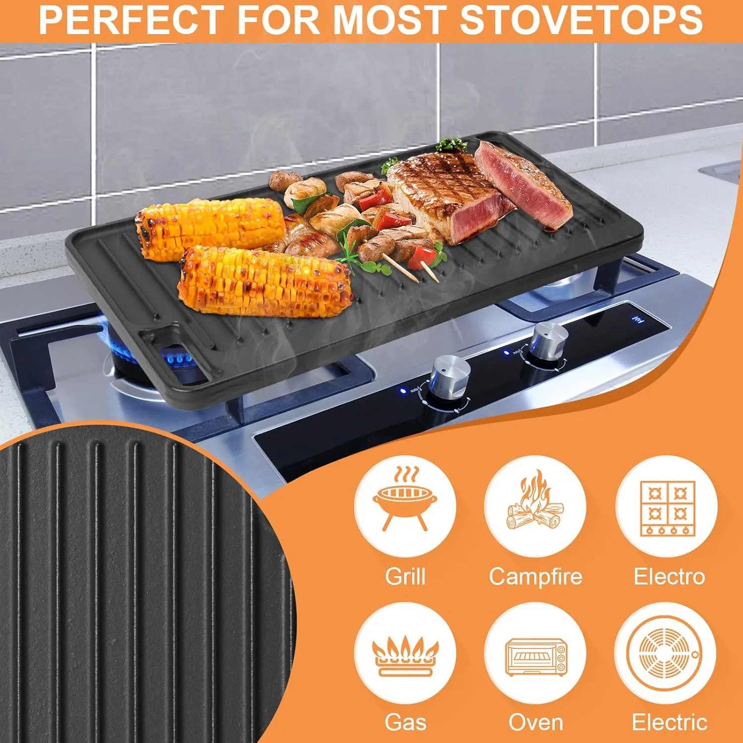 Large Cast Iron Griddle Insert, Universal Skillet, Oblong Grilling Pan for Stovetop,Pre-Seasoned Griddle Gas Stove Grill Plate Oven, 16.75" x 9.5" Reversible Pancake Pan for Weber,Charbroil etc.,1PC