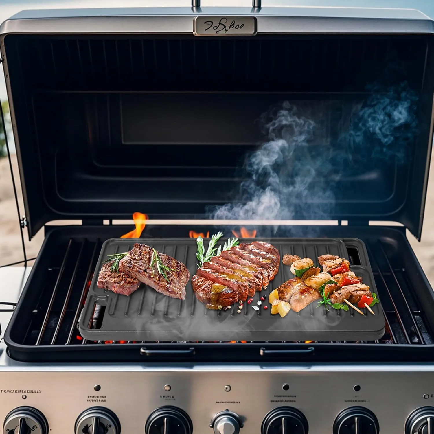 Large Cast Iron Griddle Insert, Universal Skillet, Oblong Grilling Pan for Stovetop,Pre-Seasoned Griddle Gas Stove Grill Plate Oven, 16.75" x 9.5" Reversible Pancake Pan for Weber,Charbroil etc.,1PC