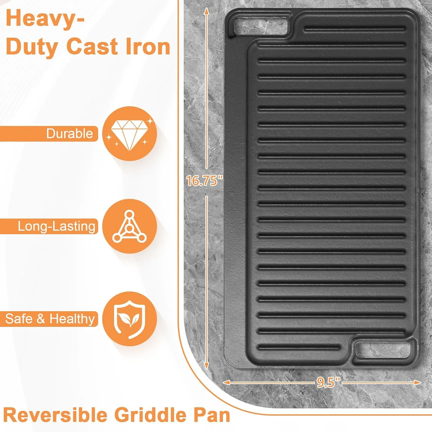 Large Cast Iron Griddle Insert, Universal Skillet, Oblong Grilling Pan for Stovetop,Pre-Seasoned Griddle Gas Stove Grill Plate Oven, 16.75" x 9.5" Reversible Pancake Pan for Weber,Charbroil etc.,1PC