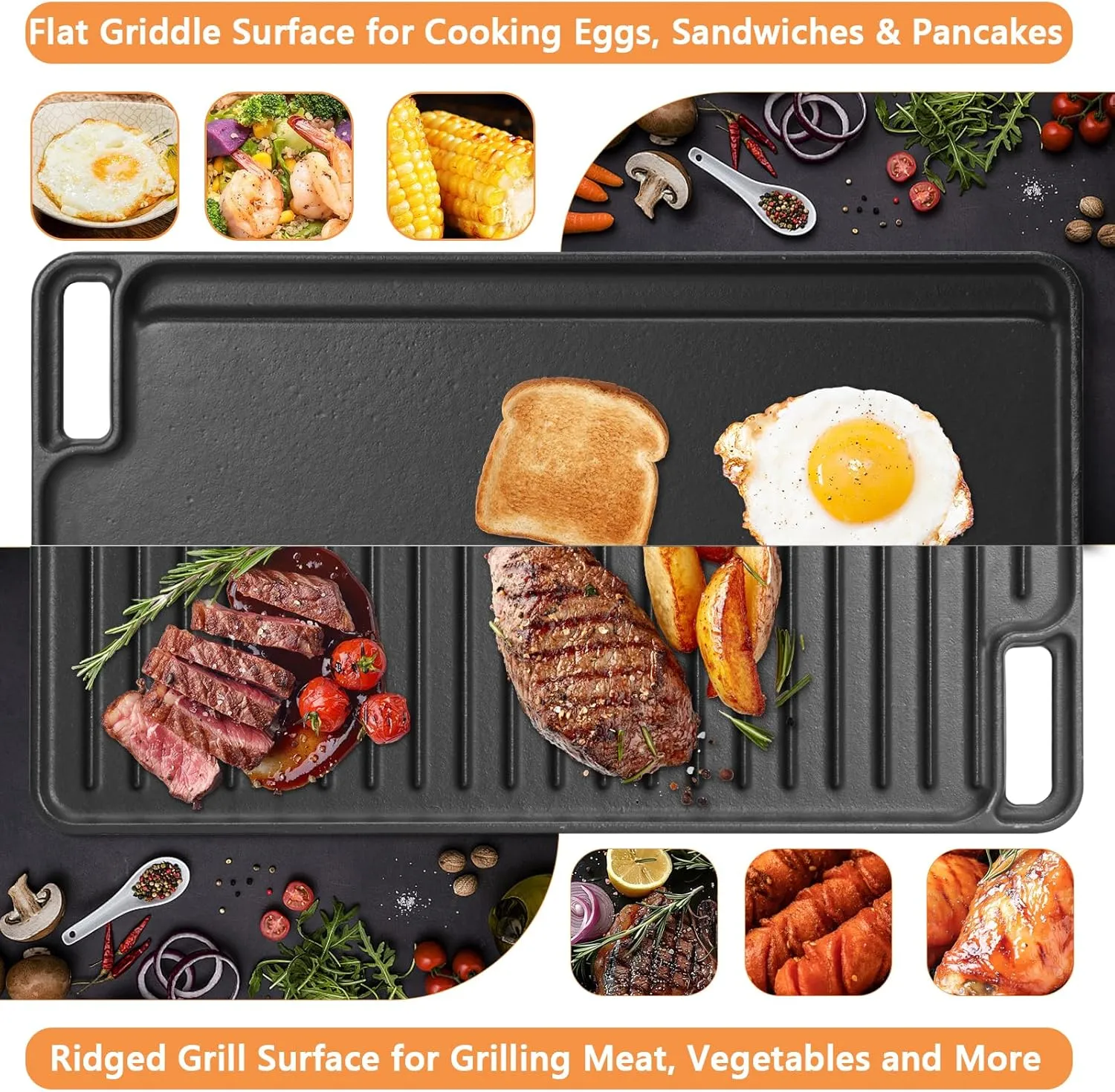 Large Cast Iron Griddle Insert, Universal Skillet, Oblong Grilling Pan for Stovetop,Pre-Seasoned Griddle Gas Stove Grill Plate Oven, 16.75" x 9.5" Reversible Pancake Pan for Weber,Charbroil etc.,1PC