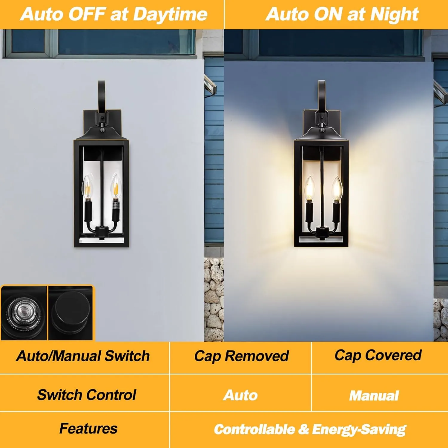 Large Dusk to Dawn Outdoor Lighting - 19" Black Outside Wall Mount Light Fixture with Gold Trim, Exterior Farmhouse Wall Sconce Lantern, Modern Porch Light Exterior Lamp for House 2-Light (1 Pack)