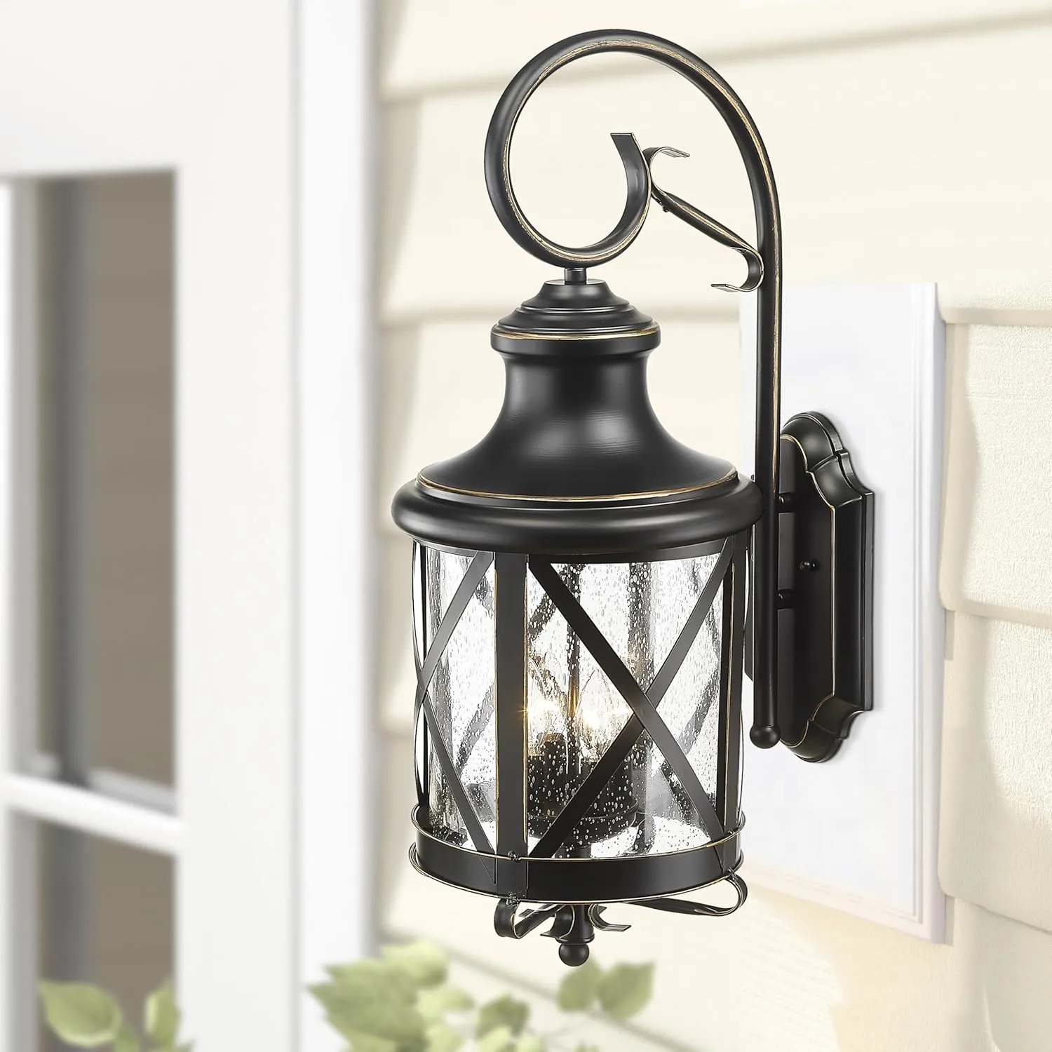 Large Traditional Outdoor Wall Mount Light 29.5 Inch Tall Industrial Exterior Lantern Light Fixture, Outdoor Wall Sconces Anti-Rust Waterproof Porch Lighting Lamp with Seeded Glass(Matte Black)
