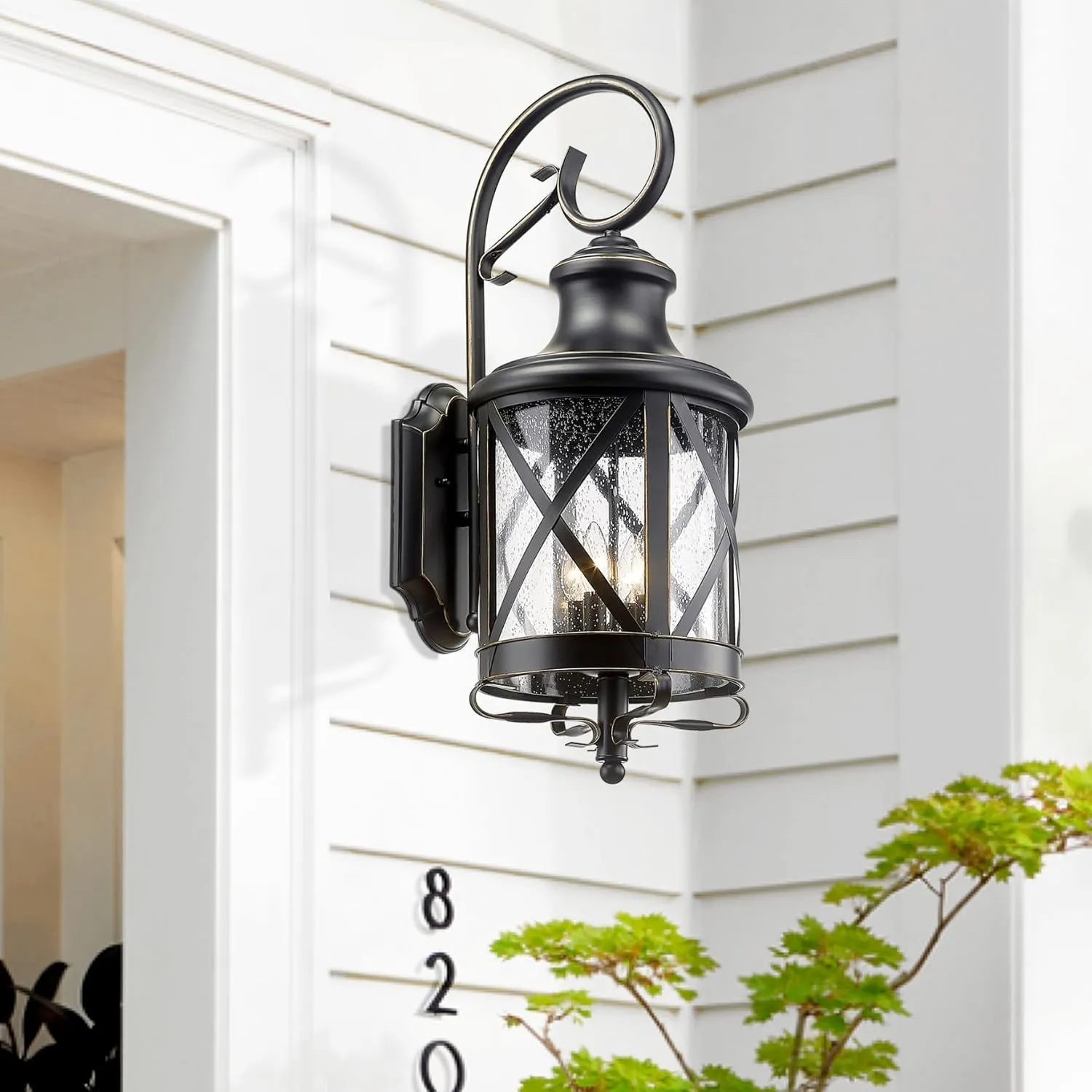 Large Traditional Outdoor Wall Mount Light 29.5 Inch Tall Industrial Exterior Lantern Light Fixture, Outdoor Wall Sconces Anti-Rust Waterproof Porch Lighting Lamp with Seeded Glass(Matte Black)