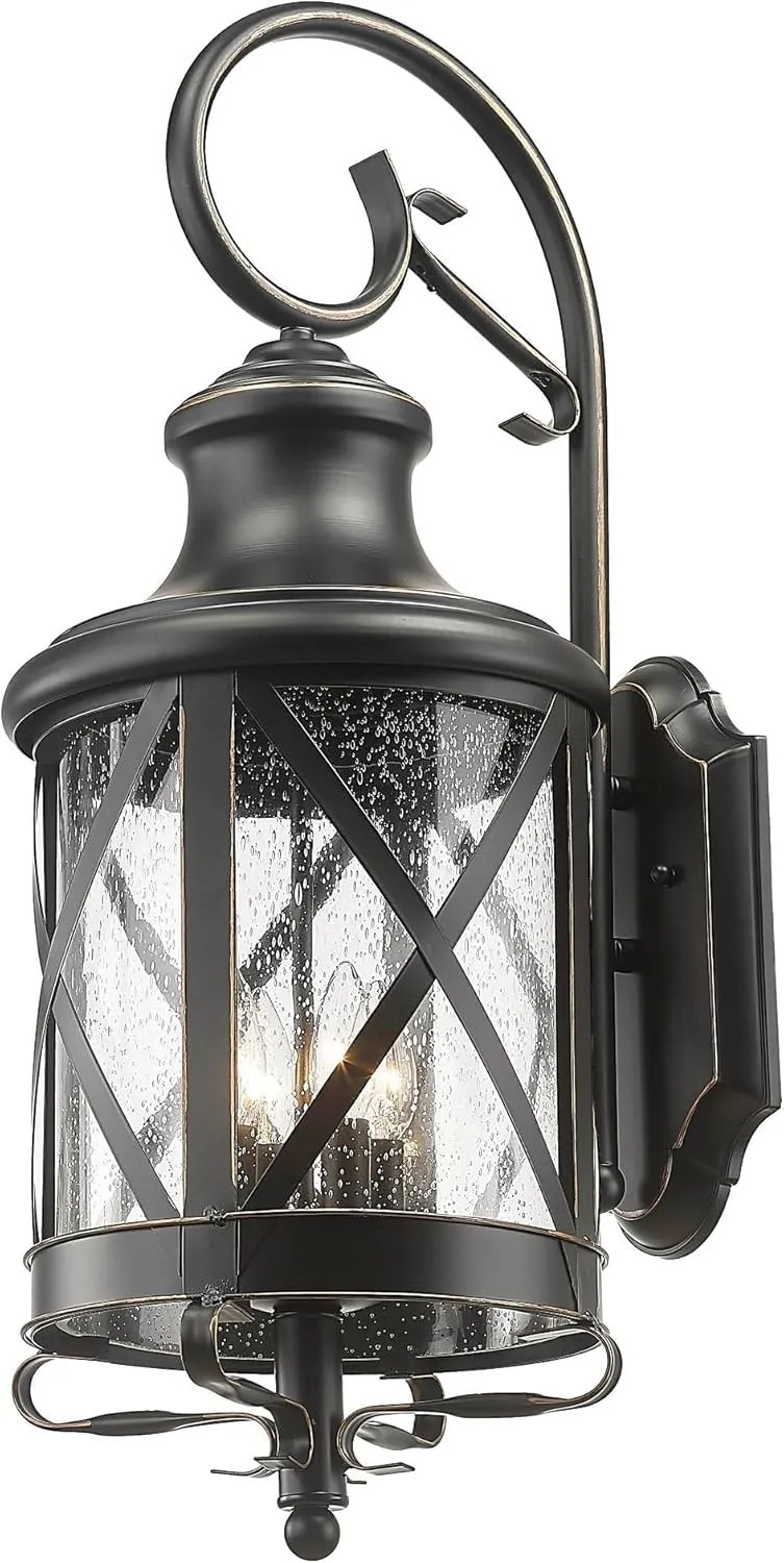 Large Traditional Outdoor Wall Mount Light 29.5 Inch Tall Industrial Exterior Lantern Light Fixture, Outdoor Wall Sconces Anti-Rust Waterproof Porch Lighting Lamp with Seeded Glass(Matte Black)