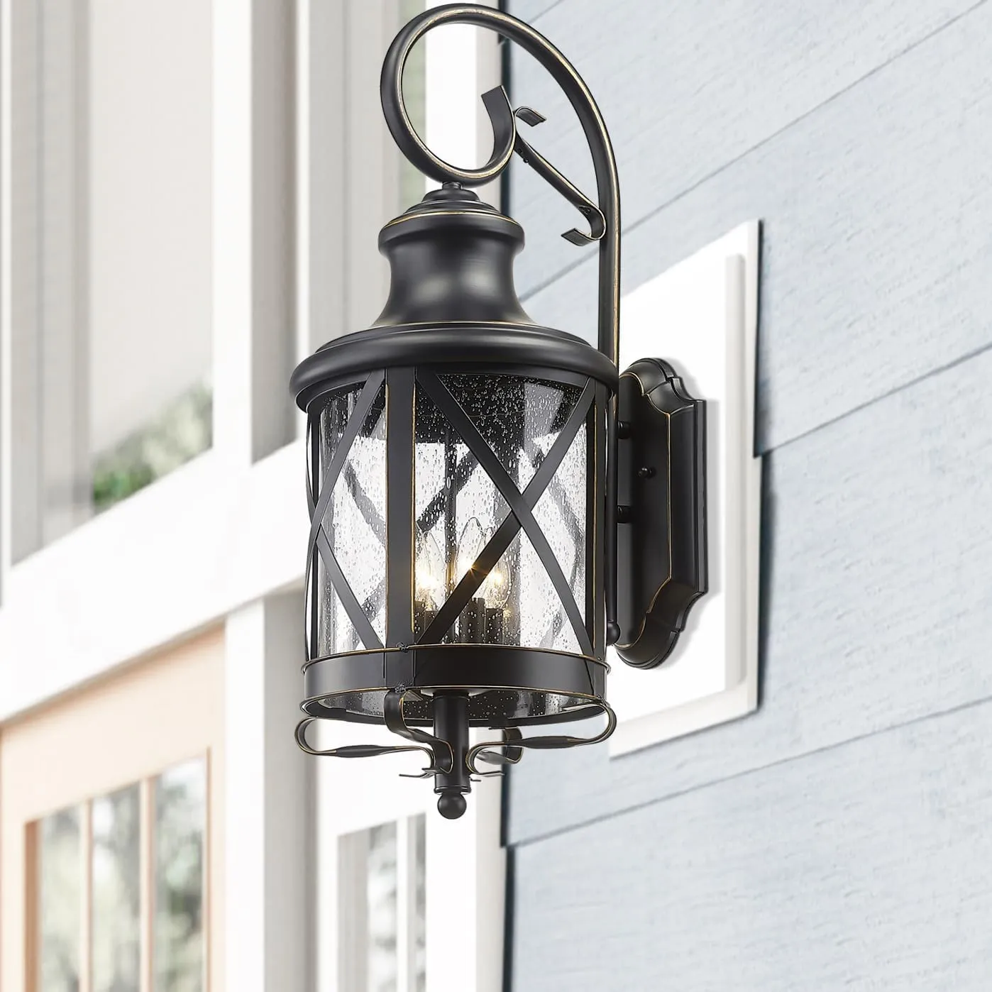 Large Traditional Outdoor Wall Mount Light 29.5 Inch Tall Industrial Exterior Lantern Light Fixture, Outdoor Wall Sconces Anti-Rust Waterproof Porch Lighting Lamp with Seeded Glass(Matte Black)