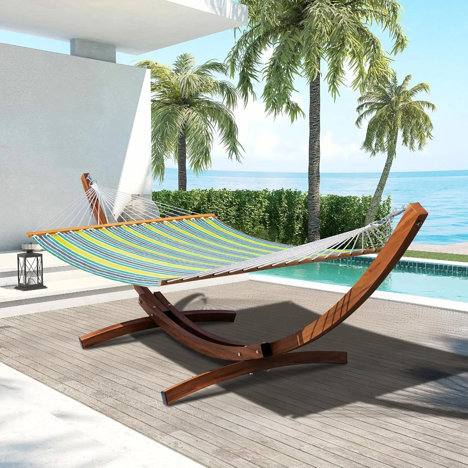 Lazy Daze Hammocks Outside 12 FT Double Quick Dry Textliene Hammock with Stand Included Curved Metal Hammock Stand for Outdoor 450 Lbs Capacity, Green Stripes
