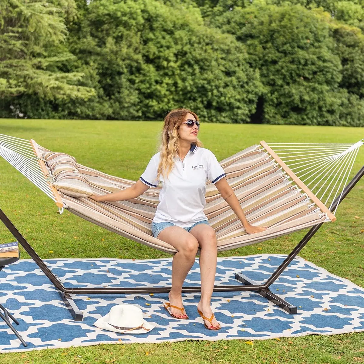 Lazy Daze Hammocks Quilted Fabric Hammock with 12 Feet Stand, 2 People Double Hammock with Stand for Outdoor Indoor Patio Garden Backyard, 450 lbs Capacity, Olive Green&Taupe Stripes