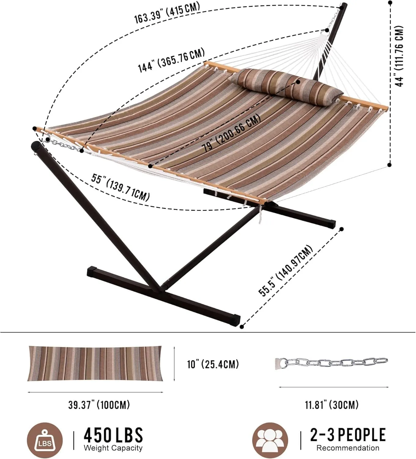 Lazy Daze Hammocks Quilted Fabric Hammock with 12 Feet Stand, 2 People Double Hammock with Stand for Outdoor Indoor Patio Garden Backyard, 450 lbs Capacity, Olive Green&Taupe Stripes