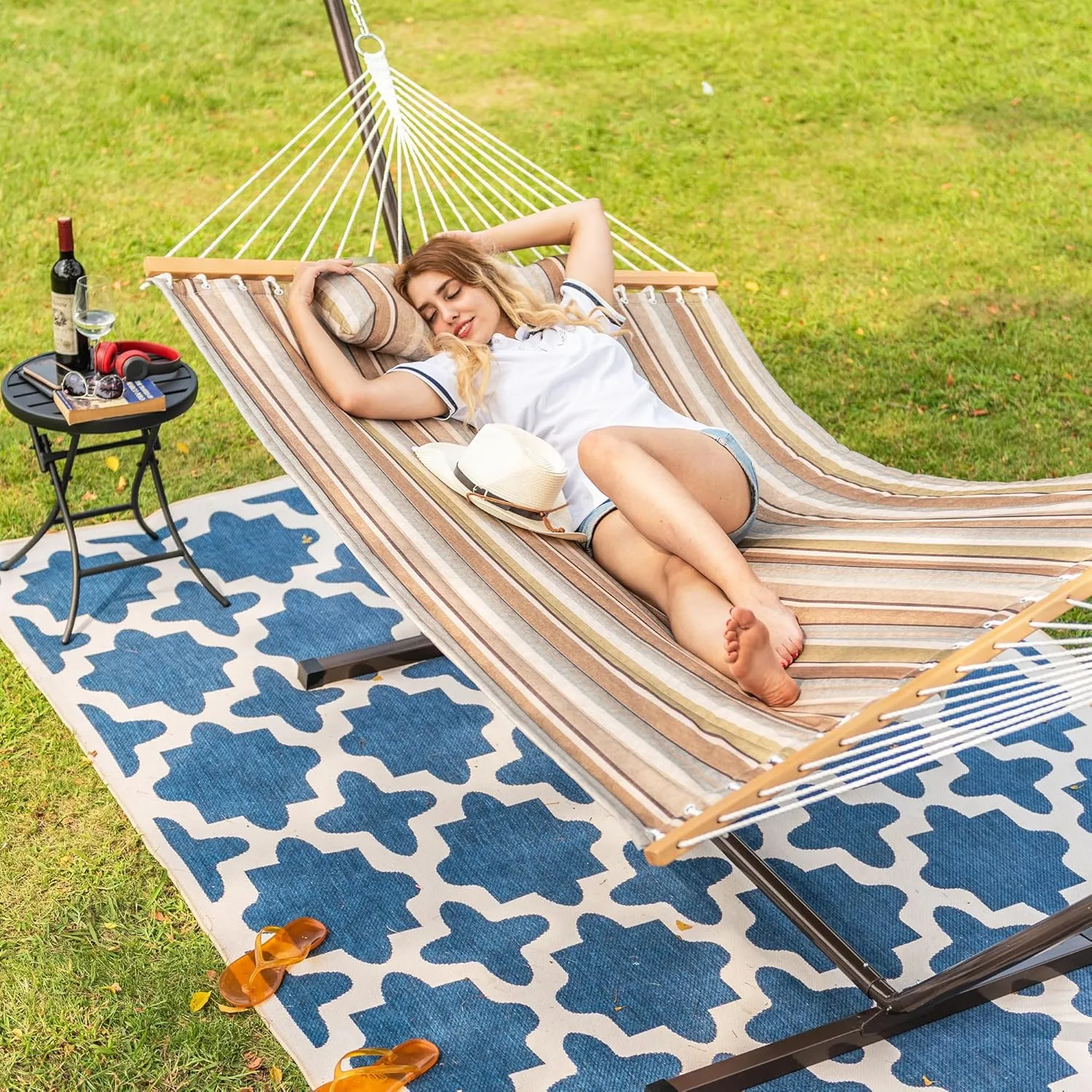 Lazy Daze Hammocks Quilted Fabric Hammock with 12 Feet Stand, 2 People Double Hammock with Stand for Outdoor Indoor Patio Garden Backyard, 450 lbs Capacity, Olive Green&Taupe Stripes