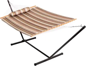 Lazy Daze Hammocks Quilted Fabric Hammock with 12 Feet Stand, 2 People Double Hammock with Stand for Outdoor Indoor Patio Garden Backyard, 450 lbs Capacity, Olive Green&Taupe Stripes