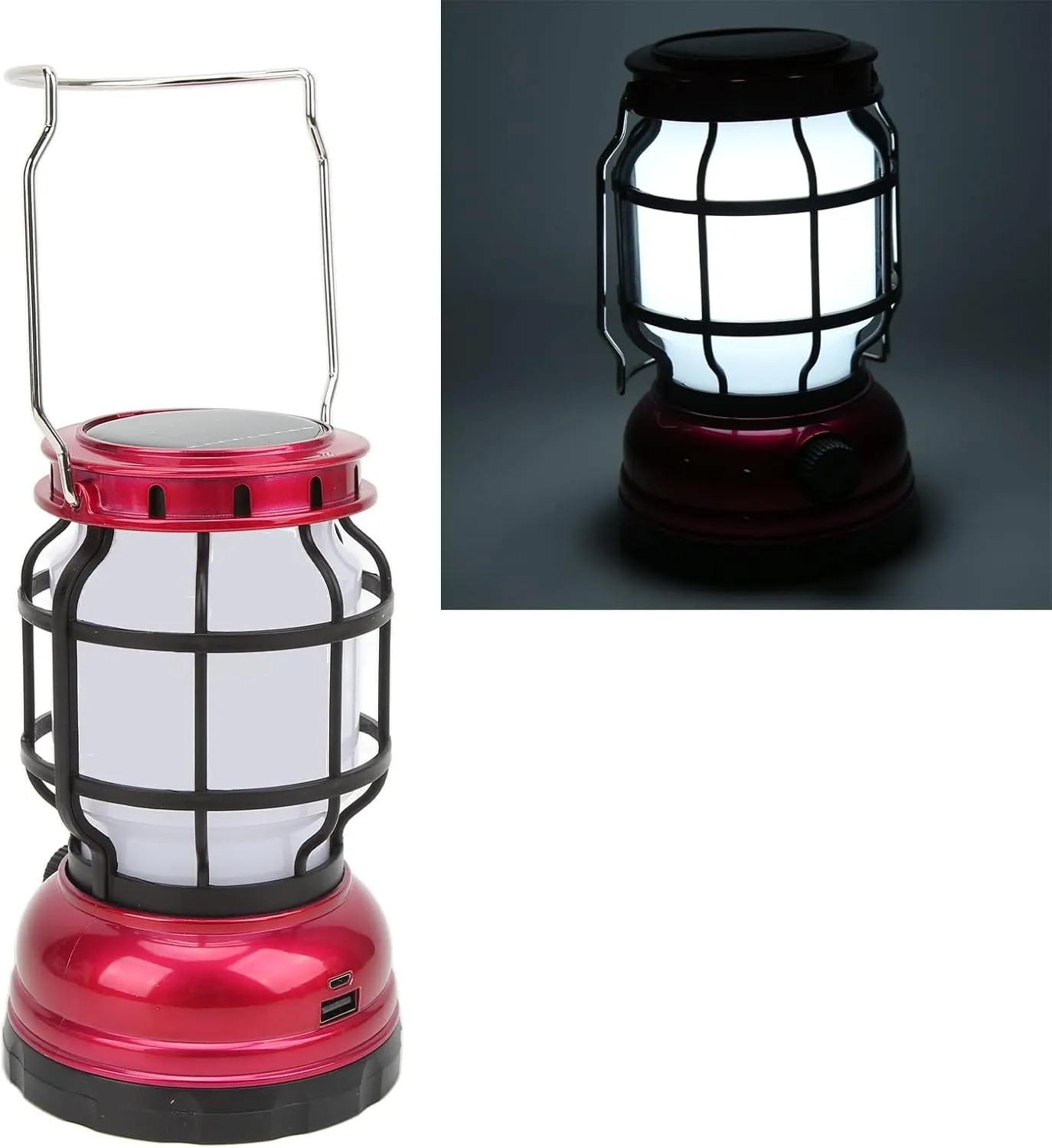 LED Camping Lantern USB Rechargeable Solar Powered Camping Light Emergency Hiking Home (Red)