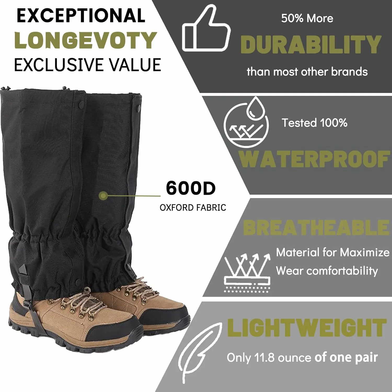Leg Gaiters for Hiking, Waterproof Adjustable Anti-Tear Leg Gaiters for Men & Women, Hiking Gaiters with Adjustable Rubber Foot Strap for Mud, Sand, and Snow