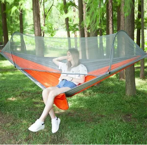 LFL Portable Camping Hammock with Mosquito Net, 1-2 Person Outdoor Swing Hammock, Nylon Parachute Material, Outside Quick Opening, Hiking Travel Courtyard (Orange)