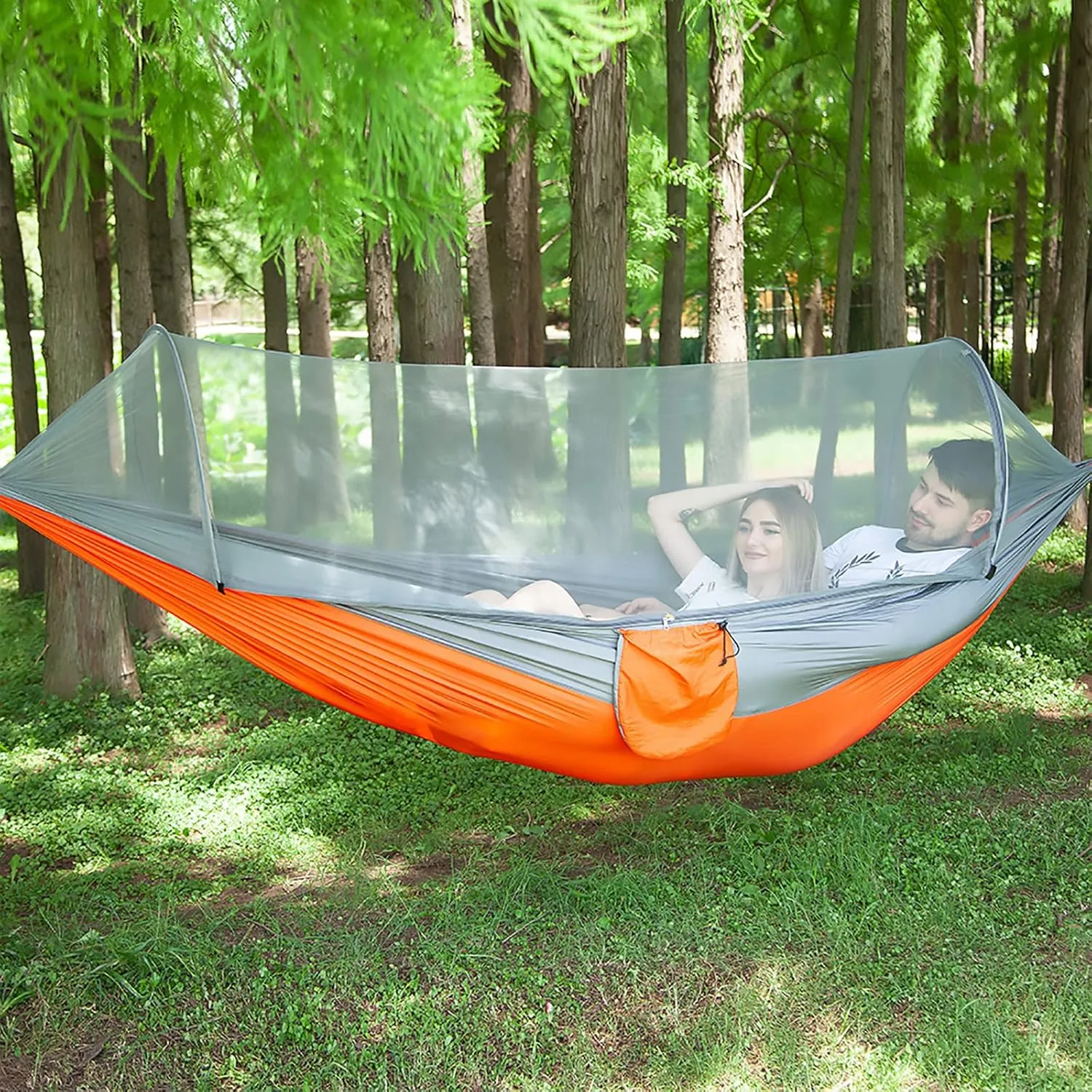 LFL Portable Camping Hammock with Mosquito Net, 1-2 Person Outdoor Swing Hammock, Nylon Parachute Material, Outside Quick Opening, Hiking Travel Courtyard (Orange)