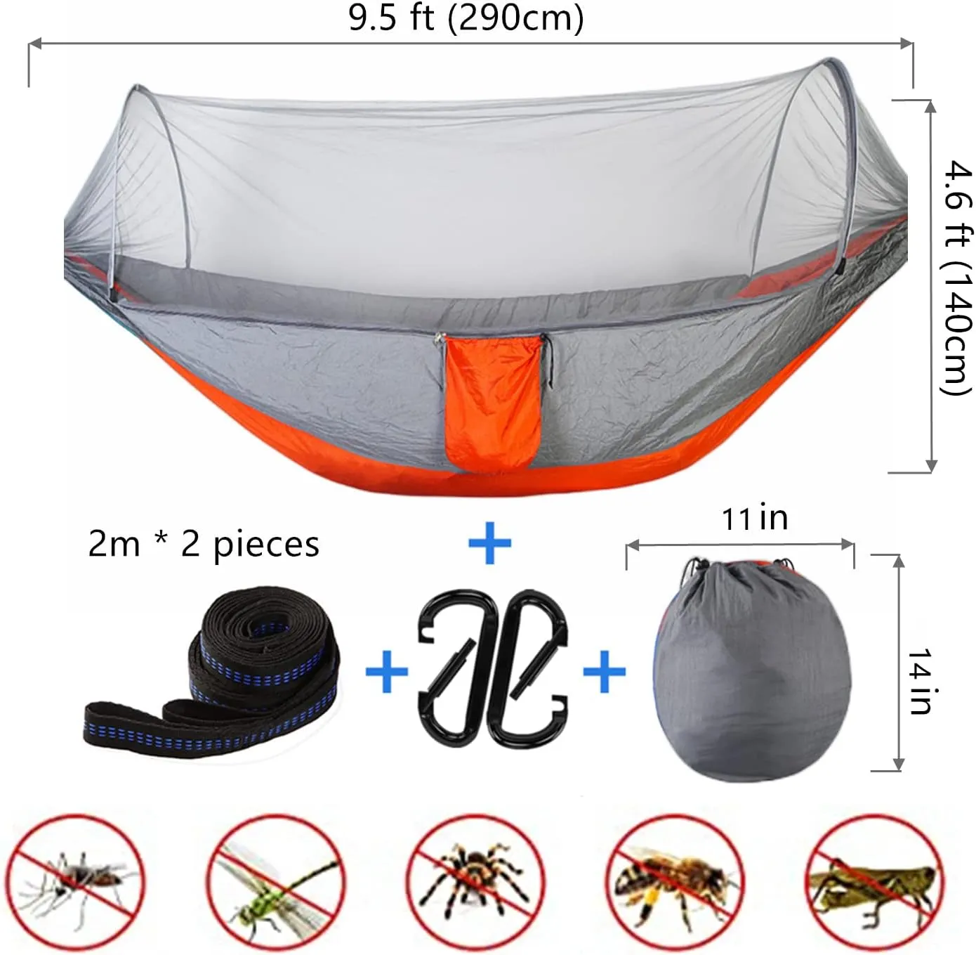 LFL Portable Camping Hammock with Mosquito Net, 1-2 Person Outdoor Swing Hammock, Nylon Parachute Material, Outside Quick Opening, Hiking Travel Courtyard (Orange)