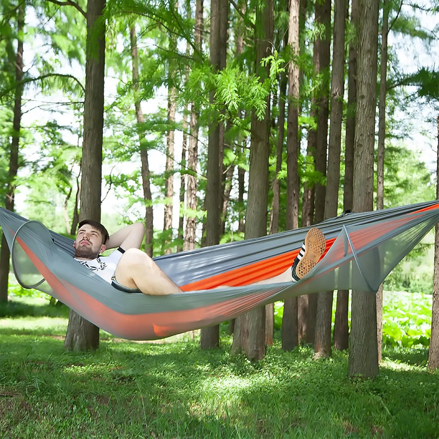 LFL Portable Camping Hammock with Mosquito Net, 1-2 Person Outdoor Swing Hammock, Nylon Parachute Material, Outside Quick Opening, Hiking Travel Courtyard (Orange)