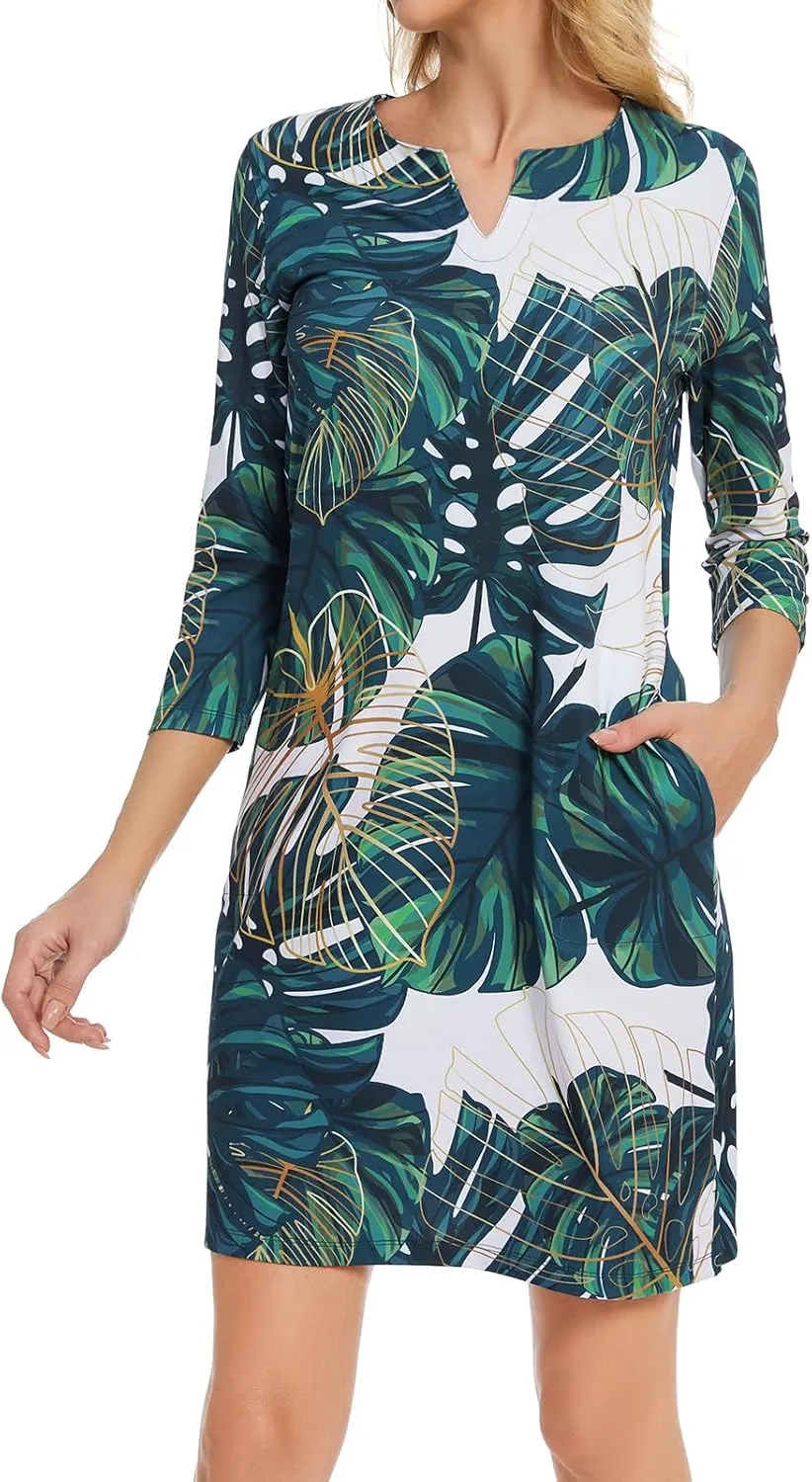 Lightbare Women’s 3/4 Sleeve Dress with Pockets UPF 50  Casual Sun Dress Breathable Quick Dry for Beach Hiking Outdoors Party