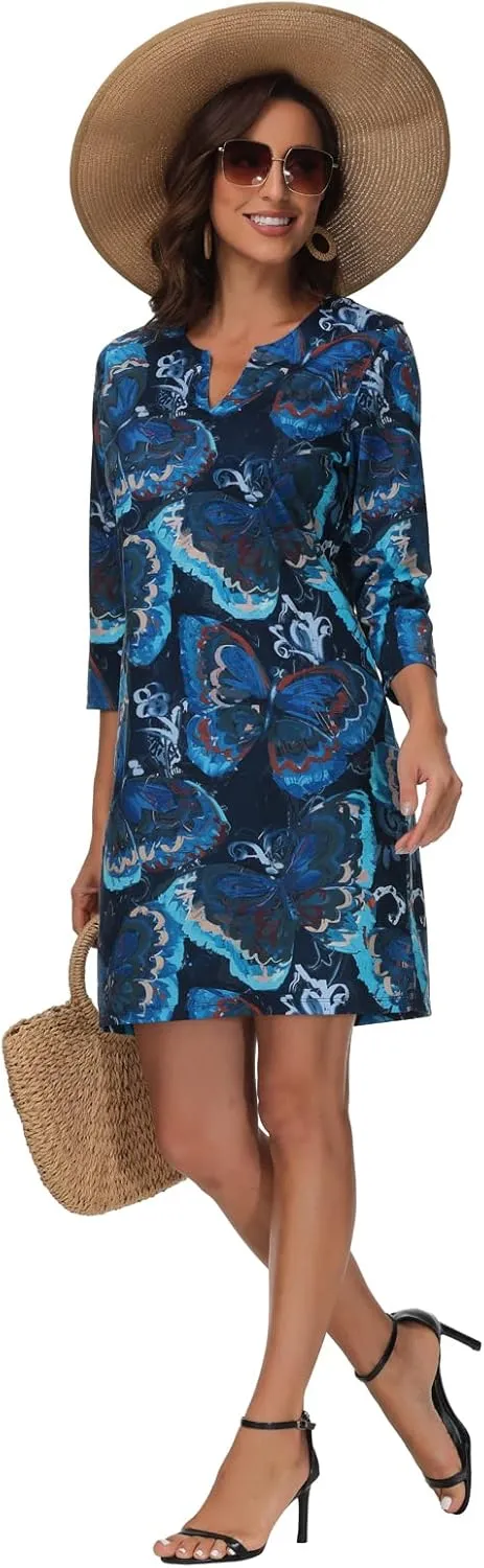 Lightbare Women’s 3/4 Sleeve Dress with Pockets UPF 50  Casual Sun Dress Breathable Quick Dry for Beach Hiking Outdoors Party