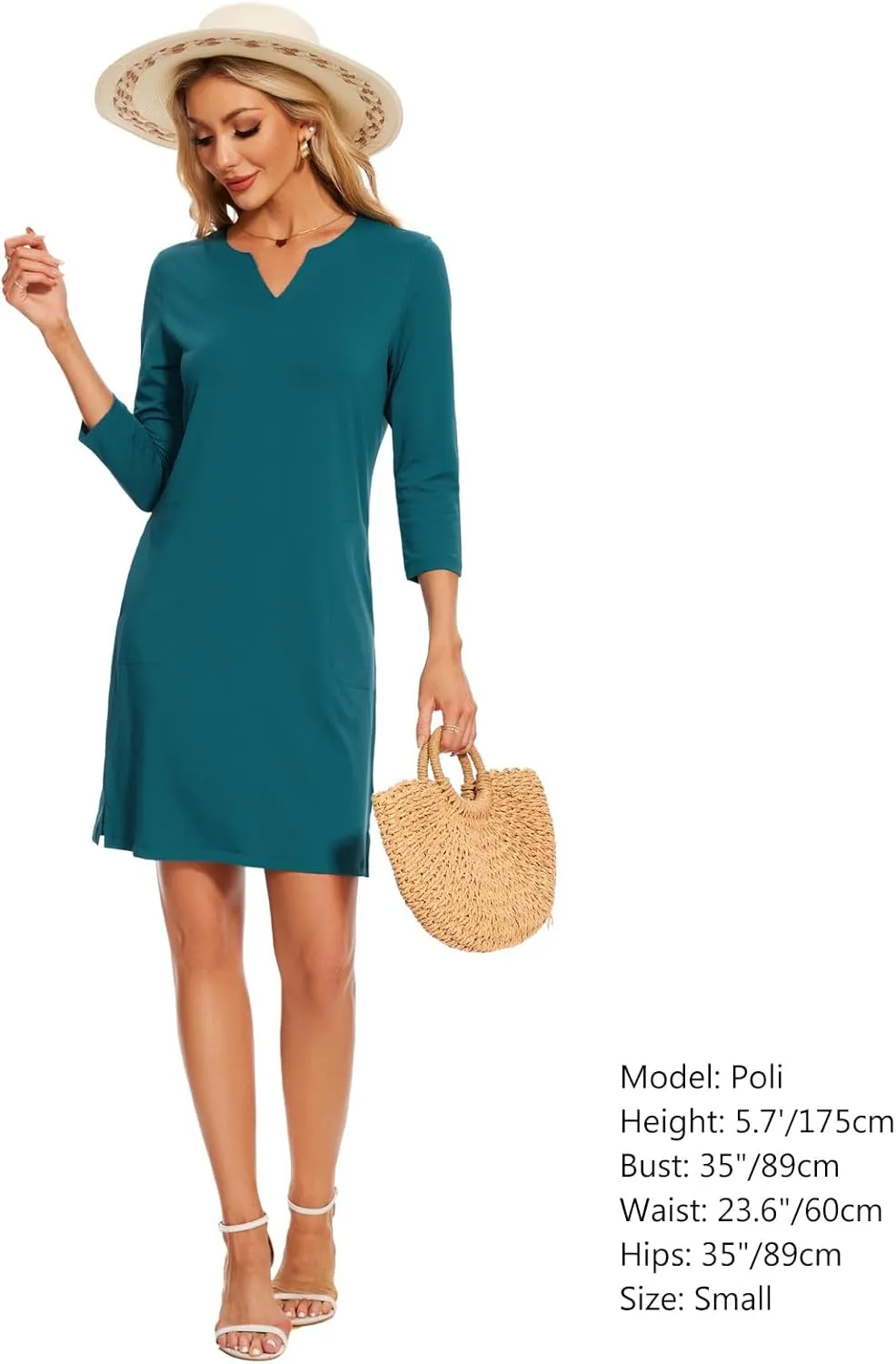 Lightbare Women’s 3/4 Sleeve Dress with Pockets UPF 50  Casual Sun Dress Breathable Quick Dry for Beach Hiking Outdoors Party