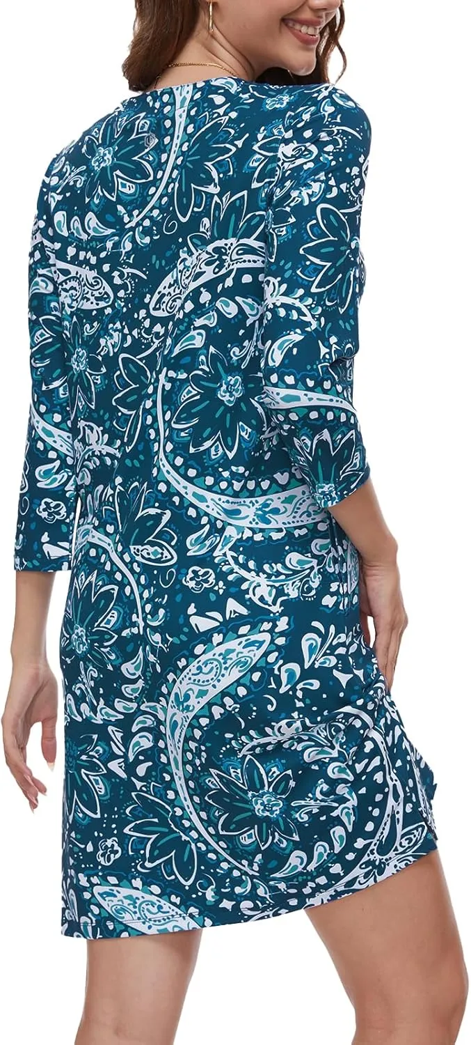 Lightbare Women’s 3/4 Sleeve Dress with Pockets UPF 50  Casual Sun Dress Breathable Quick Dry for Beach Hiking Outdoors Party