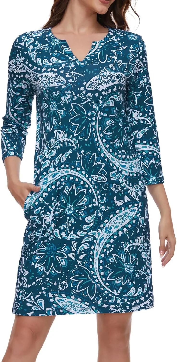 Lightbare Women’s 3/4 Sleeve Dress with Pockets UPF 50  Casual Sun Dress Breathable Quick Dry for Beach Hiking Outdoors Party